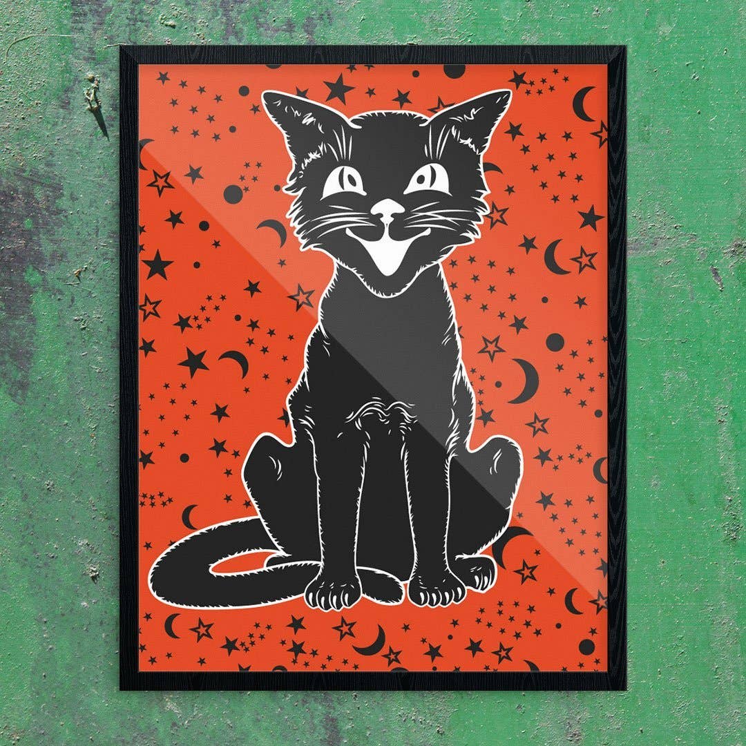 8" x 10 Vintage Halloween Cat on Orange Print