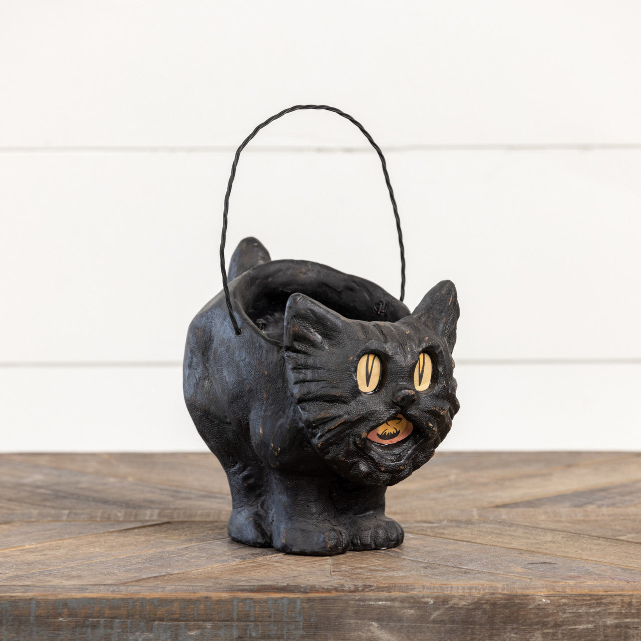 Black Vintage Cat Bucket – Paper Mâché Halloween Collectible