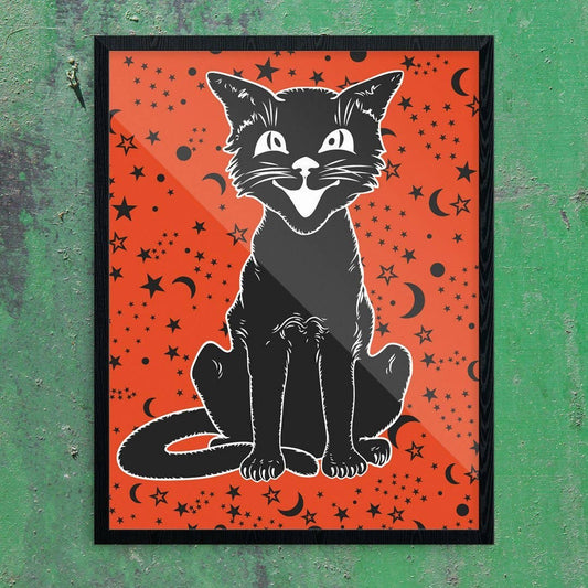 8" x 10 Vintage Halloween Cat on Orange Print