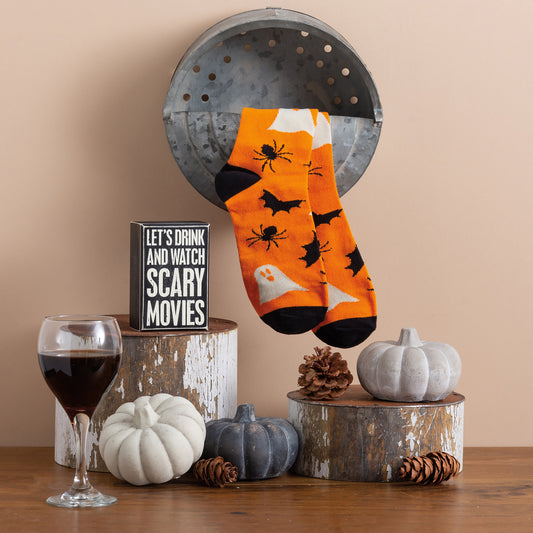 Drink And Watch Scary Movies Box Sign And Sock Set