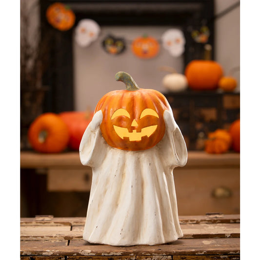 Ghost Jack O’Lantern – Vintage-Style Paper Mâché Halloween Figurine