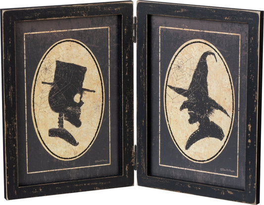 Skeleton & Witch Portraits Hinged Sign – Vintage-Style Halloween Décor