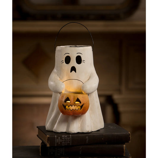 Scaredy Boo with Pumpkin Bucket – Vintage-Style Paper Mâché Ghost by Bethany Lowe
